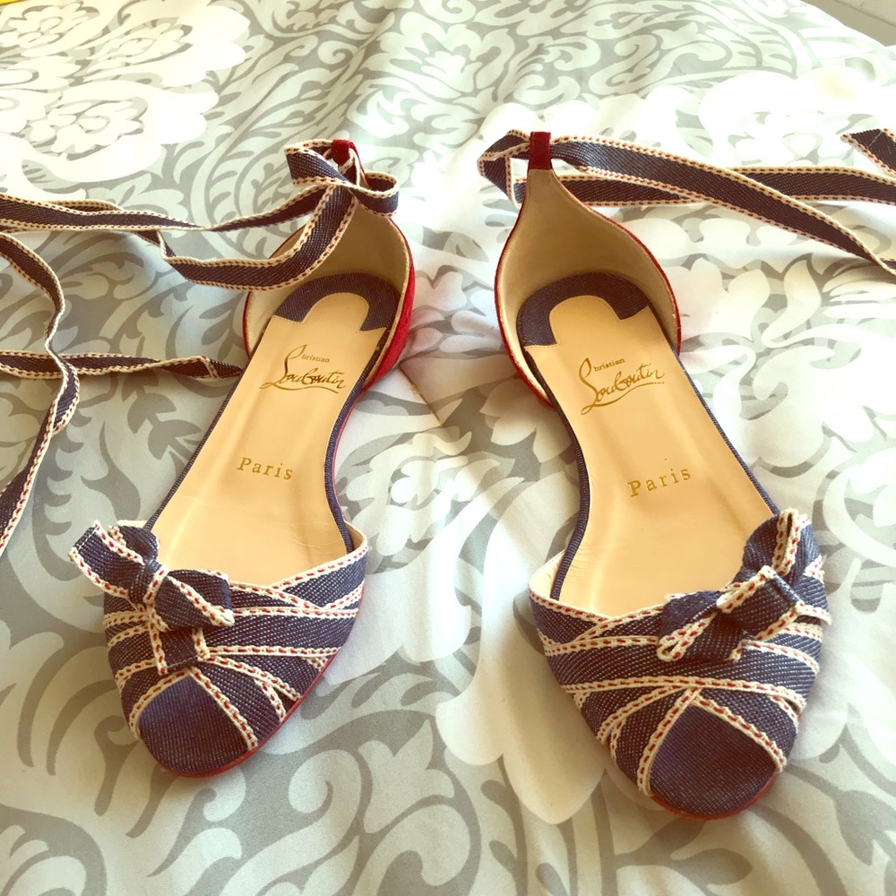 Christian Louboutin Denim/ Red Suede Lace Up Flats